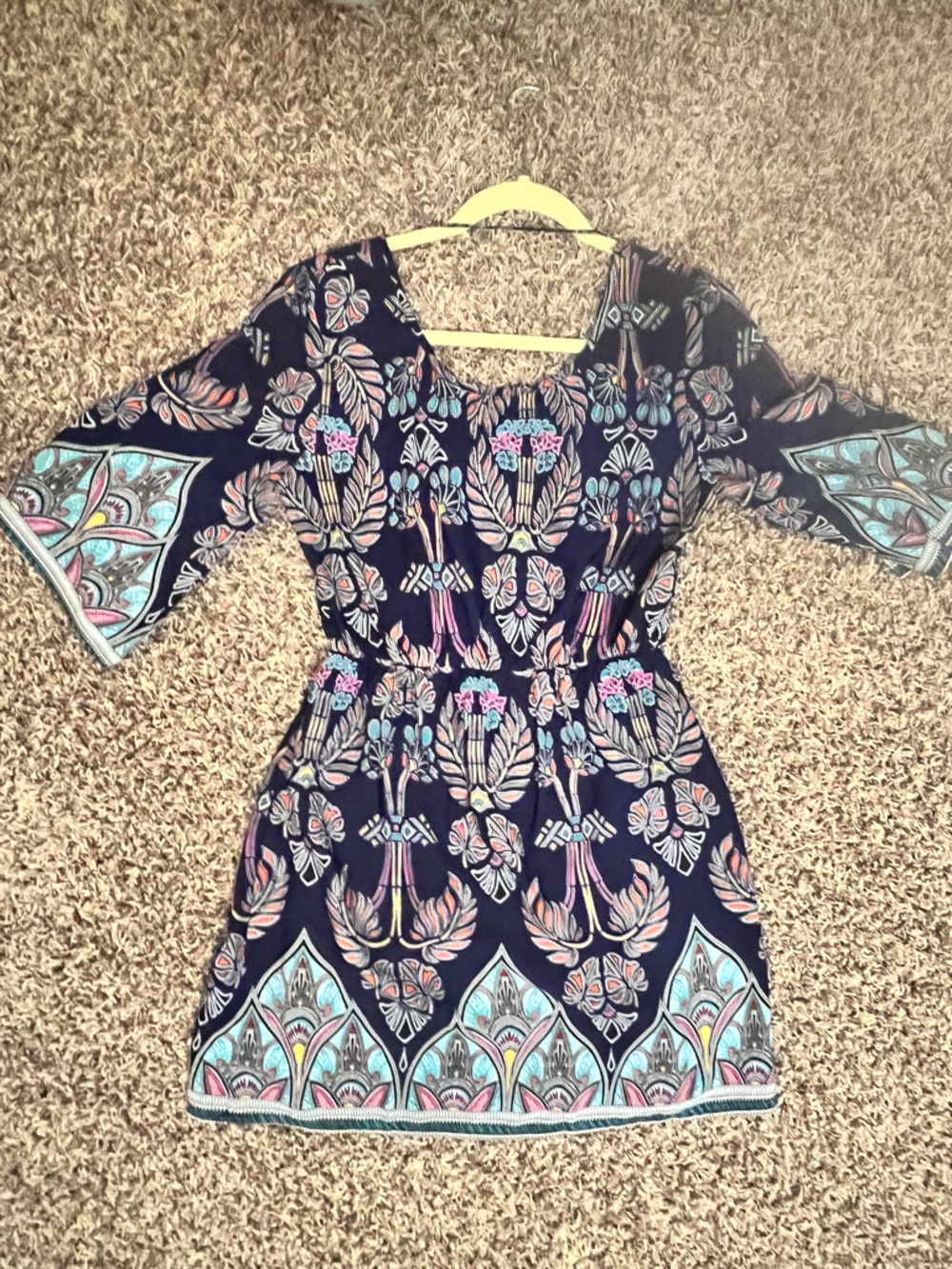Pink Owl Navy Dress with Teal, Pink and Peach Accents